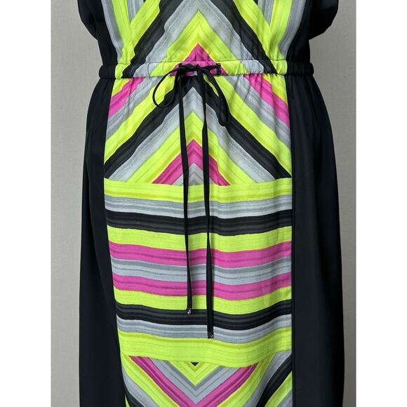 Michael Kors Maxi Black W/ Neon Geometric Design Drawstrings Stunning Dress Sz 8 - Picture 2 of 16